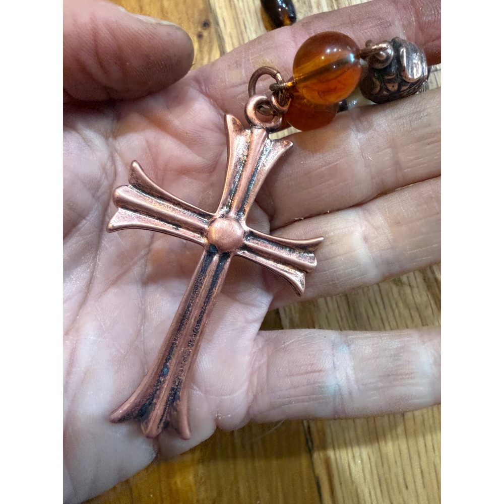 Boho Double Strand Beaded Necklace Copper Flared Cross Amber Cream Earth Tones - Picture 4 of 12